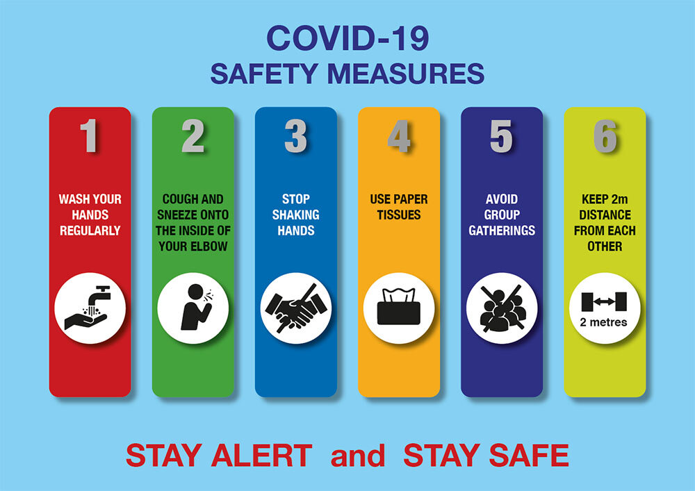 Covid Safety Measures Wash your hands regularly cough adn sneeze onto the inside of your elbow stop shaking hands use paper tissues avoid group gatherings keep 2m distance from each other